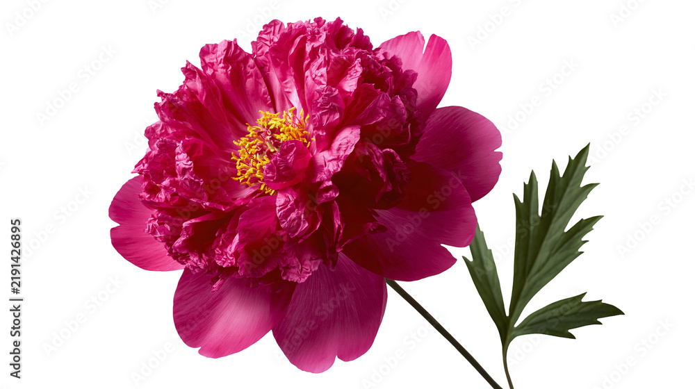 Obraz premium Vibrant magenta peony flower with yellow center and green serrated leaf