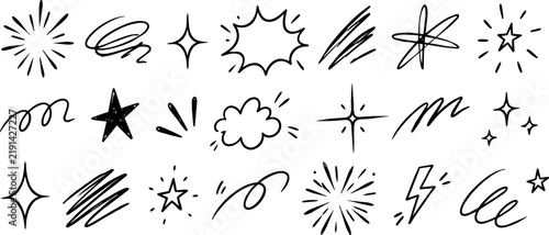 Hand drawn doodle decoration set with stars, sparkles, bursts, scribbles and abstract accent marks in black ink isolated on transparent background