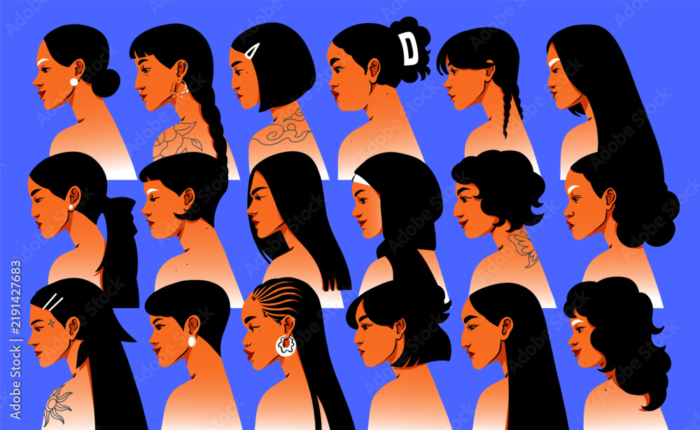 Obraz premium Profile view portraits of diverse girls set. Female heads with fashion hairstyles in profile. Diverse people from side. Collection of women. Person identity and nationality. Concept of female unity.