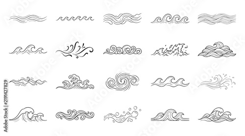 Collection of various ocean wave line art illustrations for maritime and water design with ocean waves