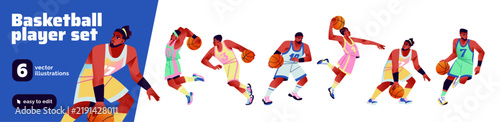 Basketball players set. Professional sports players run, rush and throw ball into basket. Characters play basketball on court. People are training with ball. Athletes play sports game in competition.