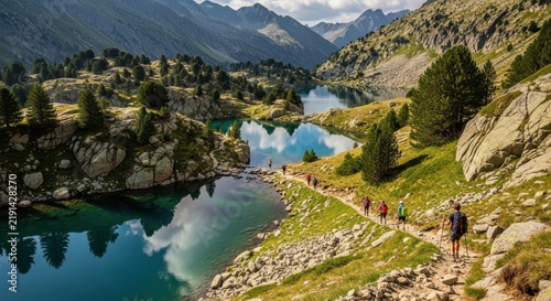 Hikers exploring alpine lakes and mountain trails in nature.