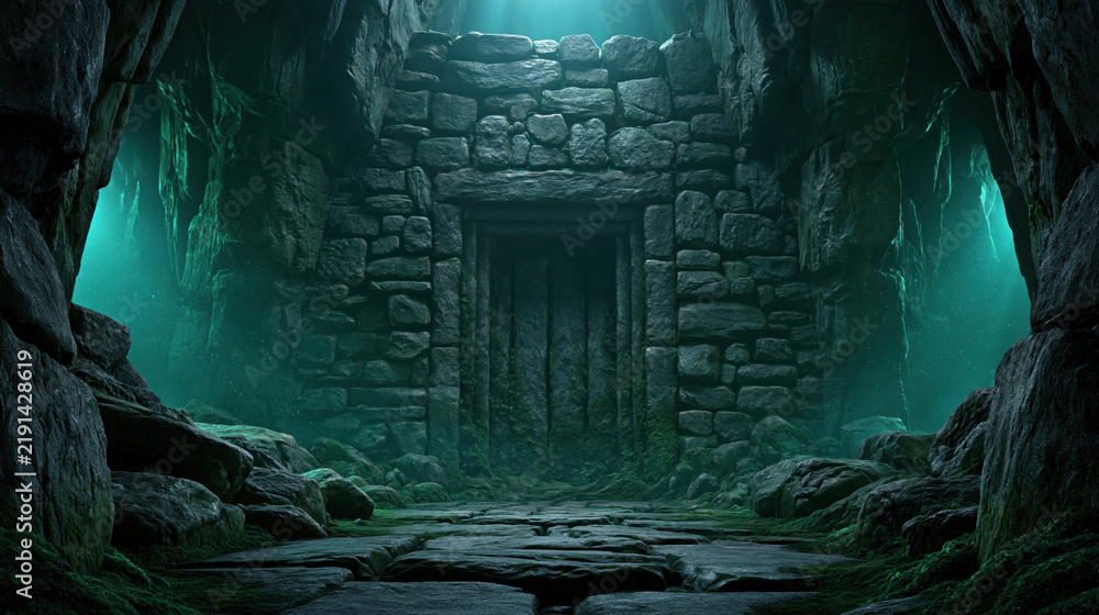 Obraz premium Medieval stone chamber entrance underground cave ancient doorway mysterious ruin teal light rock wall narrow passage old architecture hidden vault dark interior