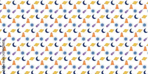 Space astronomy seamless pattern vector. Galaxy and planets repeating design.