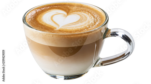 Glass cup of cappuccino coffee with heart shaped latte art foam
