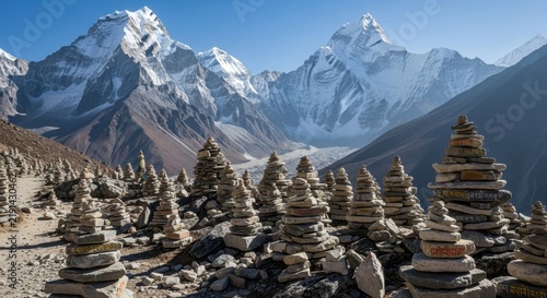 Himalayan Mountain Landscape with Stone Cairns and Snow Peaks.