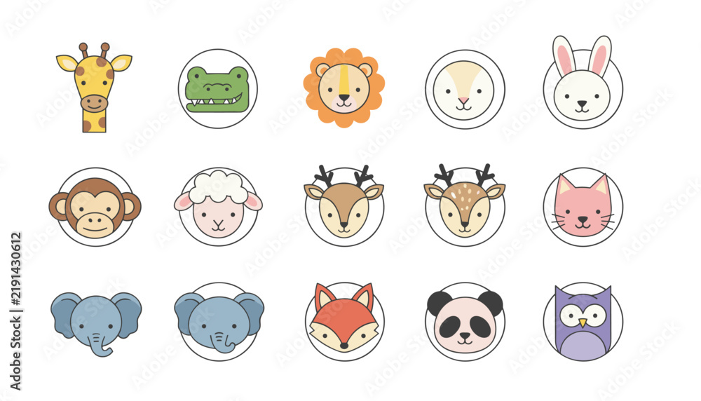 Obraz premium Collection of fifteen cute vector animal face icons including a giraffe, crocodile, lion, rabbit, monkey, sheep, deer, cat, elephant, fox, panda, and owl.