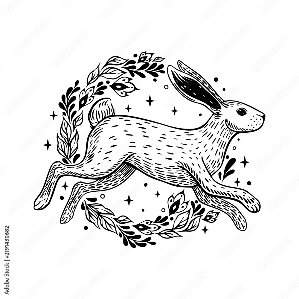 Fototapeta premium Leaping Hare in Botanical Wreath Vector Line Art