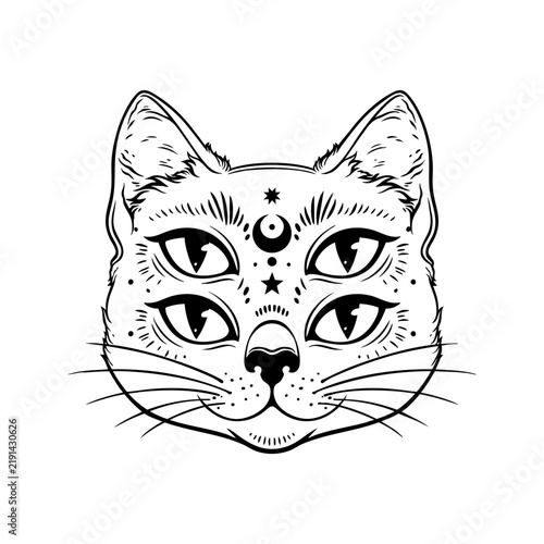 Four Eyed Mystical Cat Portrait Vector Line Art