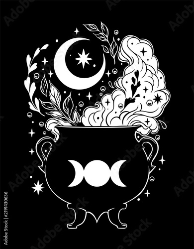 Witch Cauldron Potion Smoke with Crescent Moon Line Art