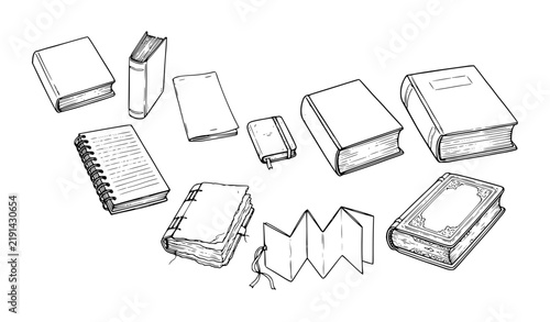 Different Book Shapes and Binding Styles Doodle Line Art Set