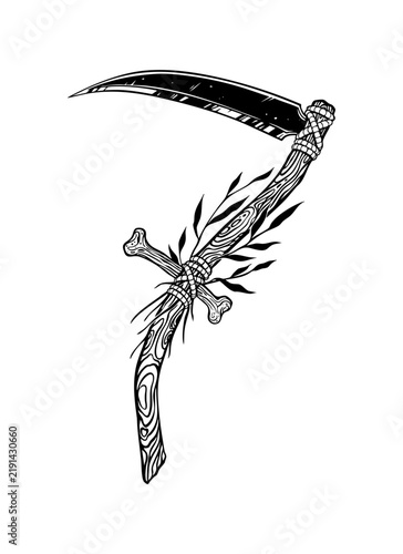 Scythe with wooden handle, leaves, and bone crossguard
