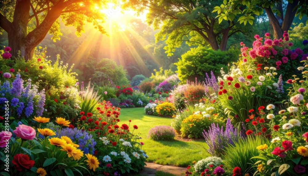 Obraz premium A sun-drenched garden bursts with vibrant floral displays and lush greenery.