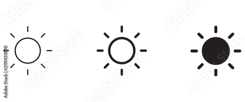 Minimalist sun icon set, black linear sunshine symbols, 3 weather brightness vector elements for interface design