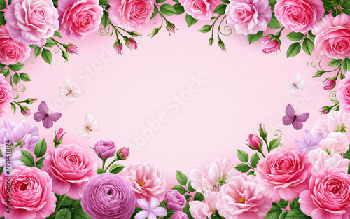 Pink rose floral frame pastel flower border butterfly watercolor illustration delicate ink spring blossom soft background elegant garden romantic design