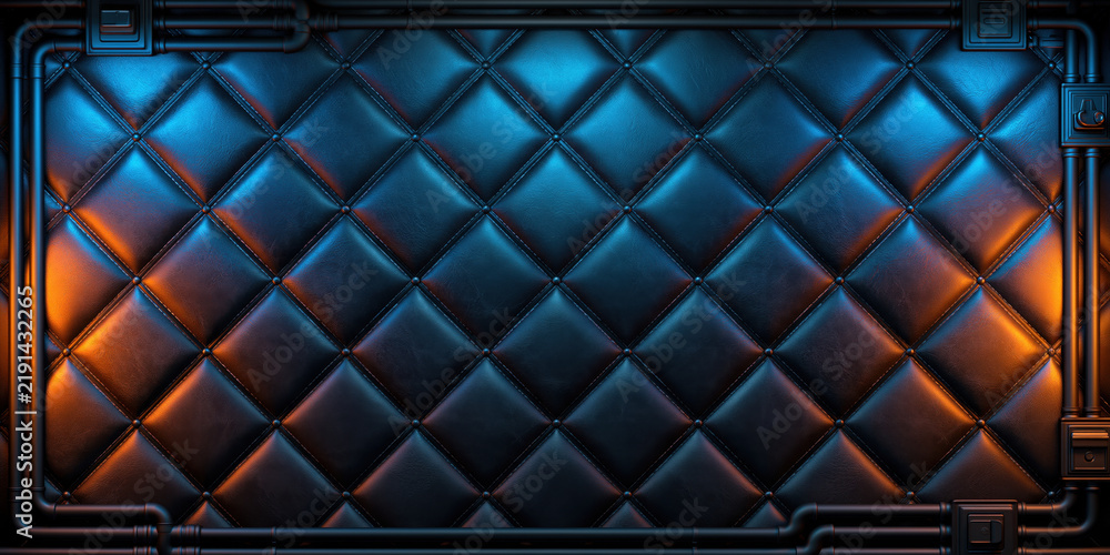 Fototapeta premium Dark leather wall panel blue orange lighting quilted pattern geometric texture black frame metallic pipe luxury background abstract wall close up interior decor