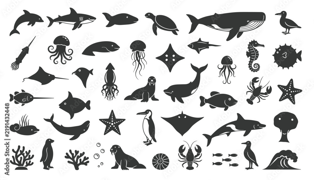Fototapeta premium Large set of ocean animal silhouettes including whale, dolphin, shark, turtle, seahorse, jellyfish, and coral.
