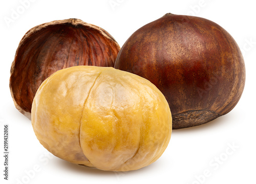 Bild auf Leinwand Roasted chestnuts isolated on a white background, with clipping path, Perfect visual for healthy snack marketing, gourmet food recipes, for product packaging design