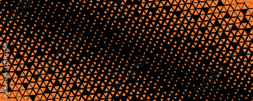 orange and black halftone triangles pattern. Abstract geometric gradient background design.