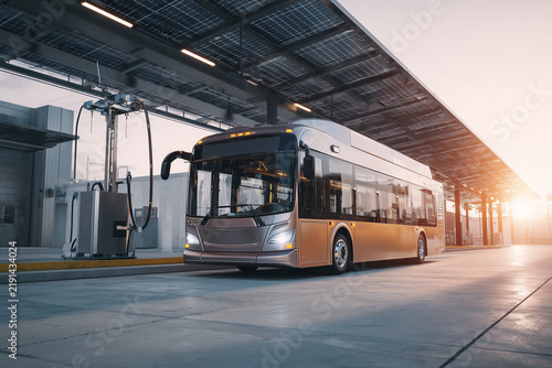 Empty electric public bus charging battery at city depot station
