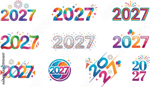 Happy New Year 2027 colorful gradient typography logo and badge set featuring festive party balloons confetti starbursts geometric numbers and seasonal graphic layout vector collection