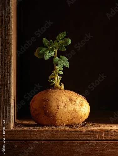 Sprouting potato on a dark pantry shelf, food storage and household food waste reduction concept