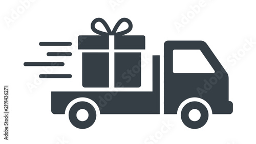 Flat vector graphic illustration of a fast delivery truck carrying a large wrapped gift box