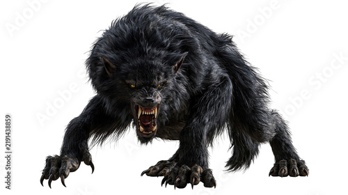 Foto Fierce black werewolf crouching with bared teeth and sharp claws