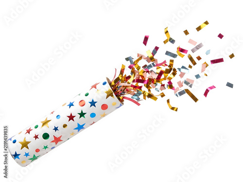 Festive party popper bursting with colorful confetti for birthdays, anniversaries, celebrations, and special events. isolated on white or transparent background. PNG format.