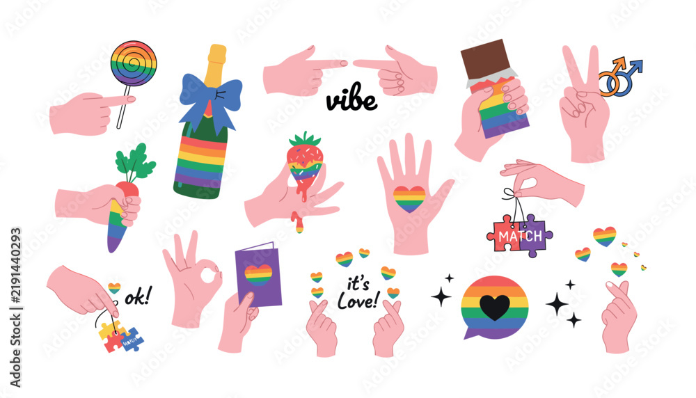 Fototapeta premium A vibrant vector collection of pride month celebration elements. featuring rainbow flags, hands, chocolate bar, lollipop, champagne bottle, stickers, isolated on a white background.
