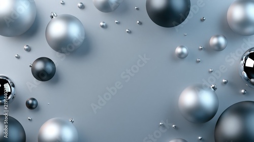 Silver and black Christmas baubles on blue gray background with copy space