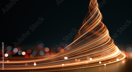 Abstract Christmas tree made of golden light trails on dark background