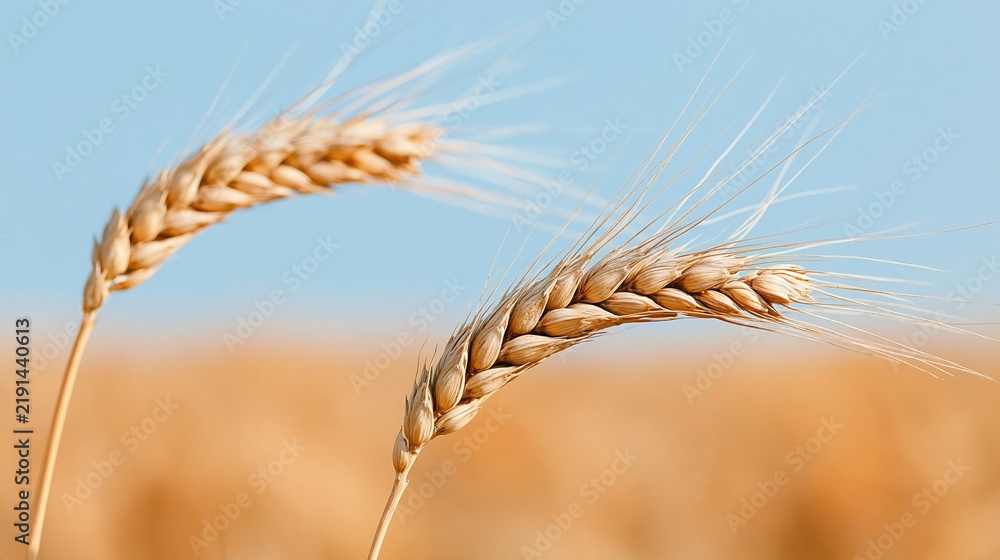 Obraz premium The Golden Wheat Stalks in a Bright Summer Field Under a Blue Sky
