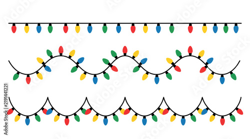 Colorful Christmas lights vector set, festive holiday string light borders, decorative winter party garlands on white background