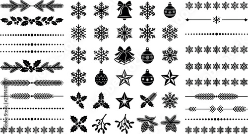 Christmas winter decorative elements set, black snowflake icons and floral dividers, holiday vector ornaments for greeting cards