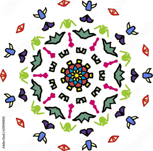 vector of colorful mandala graphic with intricate geometric patterns and vibrant symmetrical elements on a clean white background.