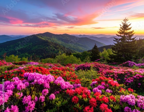 Vibrant mountain meadow bursting with rhododendrons under a dramatic sunset sky.