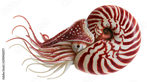Obraz na plátne Chambered nautilus mollusk with striped spiral shell and long delicate tentacles