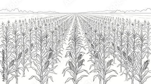 Black and white line art illustration of a vast corn field in perspective.