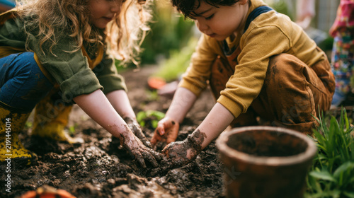 Kids making mud pies in a garden, outdoor childhood playhands in muddy soil  