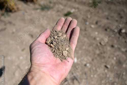 Farmer holding dry soil affected by drought in agricultural field. Agricultural crisis. Man inspecting dry earth in hands. Barren ground affected by severe drought.Climate change impact on agriculture
