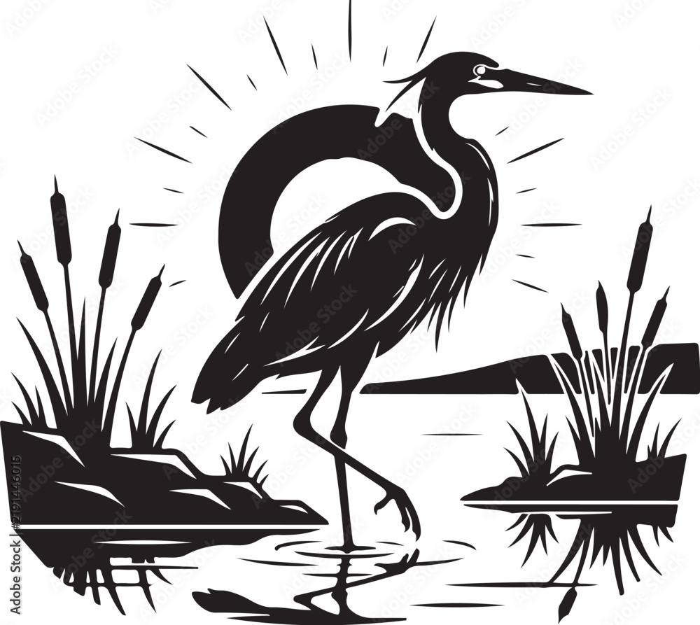 Obraz premium Vintage heron silhouette vector, retro bird emblem in marsh landscape, black and white crane logo with cattails and sun