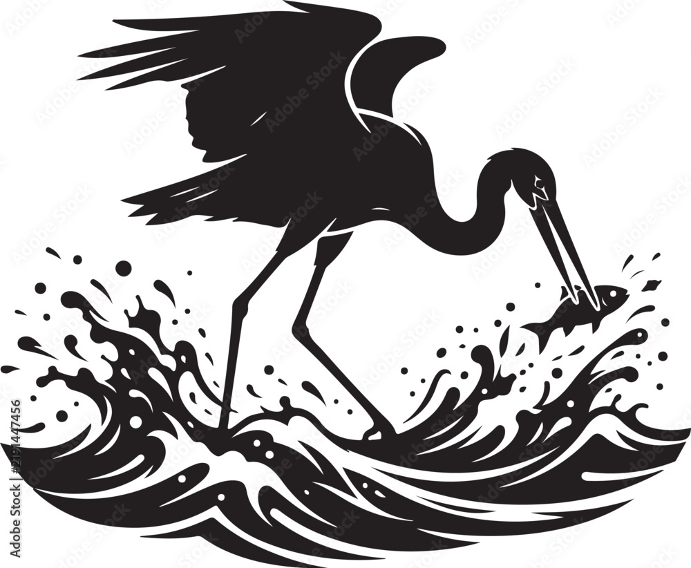 Obraz premium Black heron silhouette catching fish in water, minimalist stork bird vector illustration, coastal wildlife logo icon