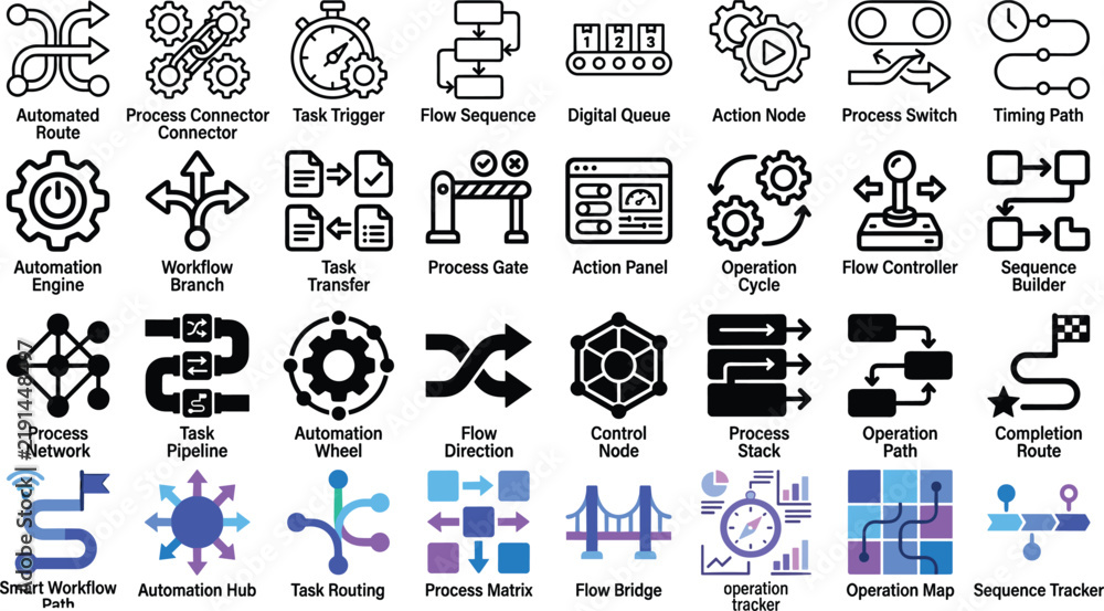 Obraz premium Workflow Automation and Process Flow Icon Collection with Task Routing, Process Control, Automated Operations, Sequence Planning and Digital Business Management Concepts