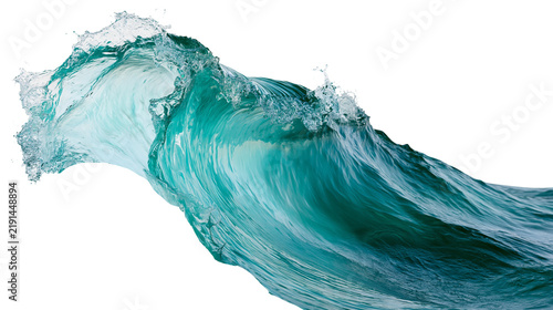 Crashing turquoise ocean wave with white sea foam and splashing water droplets