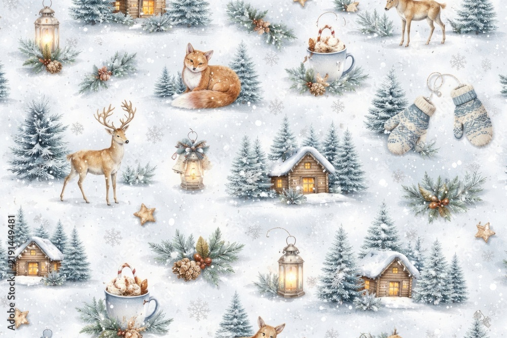 Obraz premium Winter woodland animals cozy illustration.