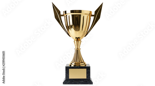 Canvastavla Shiny gold trophy cup with decorative wings on a black marble base