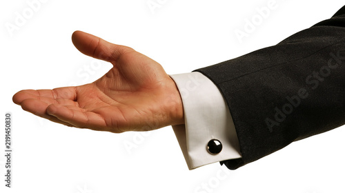 Canvastavla Open palm of a man in a black suit jacket with a white shirt and cufflink