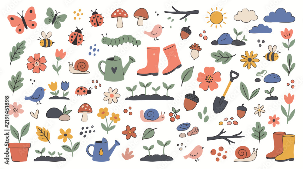 Obraz premium Cute set of hand-drawn garden elements featuring insects and plant life
