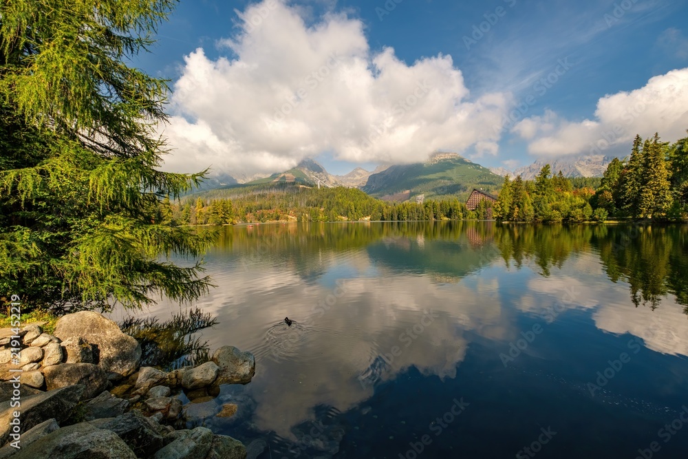 Obraz premium Beautiful scenic view of Strbske pleso lake in High Tatras National Park, Slovakia. Pristine mountain landscape with reflection in water, green forest, rocks, blue sky and dramatic clouds.